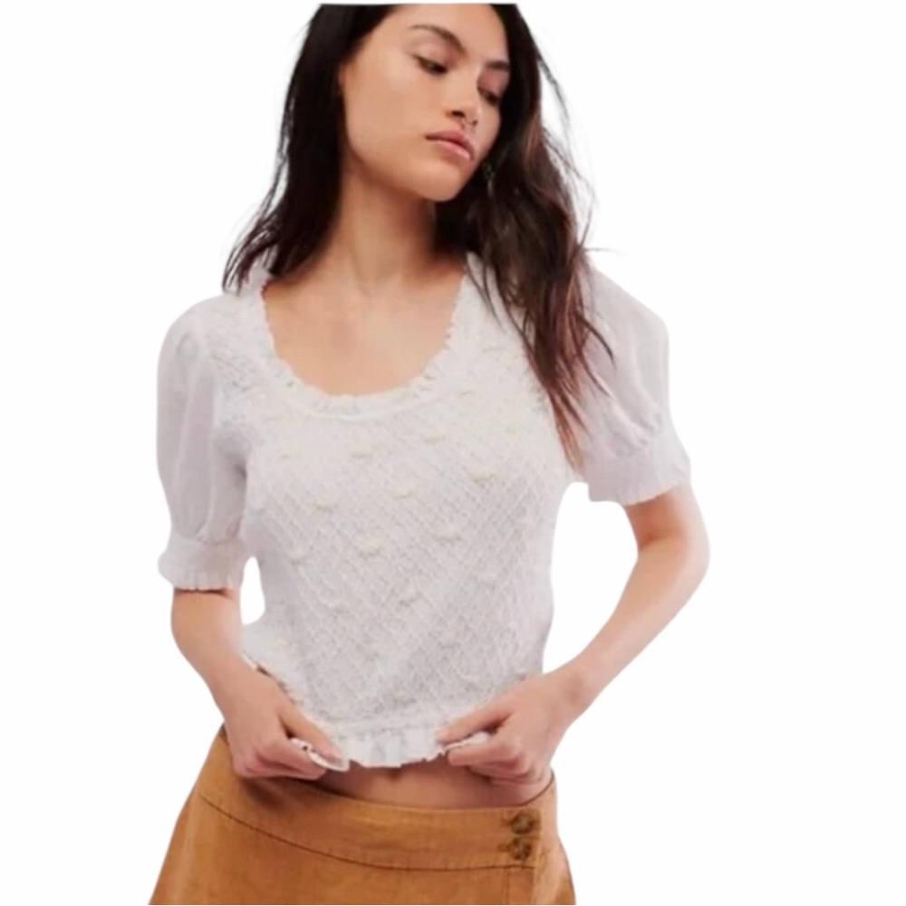 Free People Cecelia White Smocked Embroidered Floral Crop Top Shirt size Small